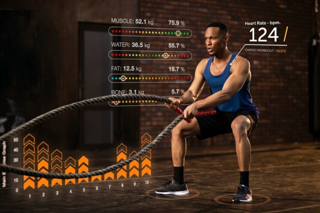 Man exercising with battle ropes in gym, health metrics displayed on screen including muscle mass and heart rate.